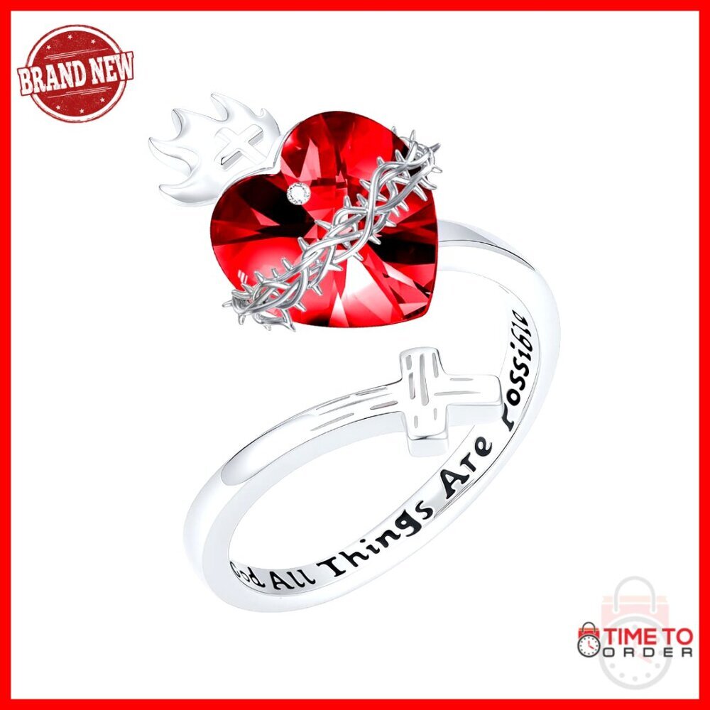 Adjustable Sterling Silver Sacred Heart Ring Christian Jewelry Gift